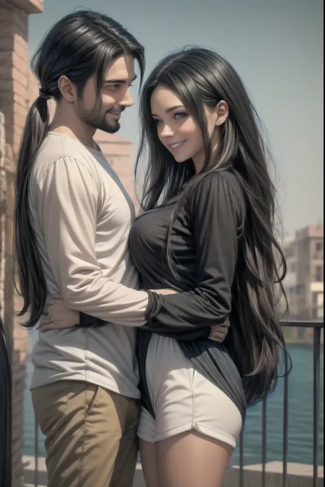 masterpiece , animated, cute, beautiful, romantic, The best quality , 2otros, couple, maduro, adult, height difference, different fashion, different color, Casual clothing, long sleeves, smile, happy, amar, rotating wind, blue sky, Man with long hair, Ma...