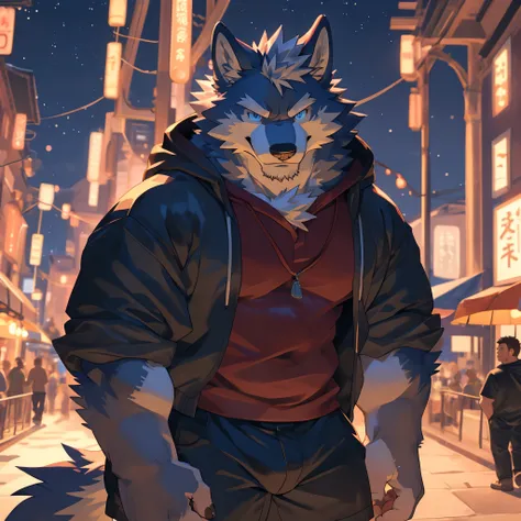 human nature, cannon, male, Solitary, ((Round Face, The face is plump, Grey beard, Grey medium hair, blue eyes)), ((Mesomorph, Handsome)), (Modern shirt), ((domestic grey wolf, wolf) Fluffy fur, Fluffy, Muscular body, Hoodie, Shorts, smirking), (Park Backg...