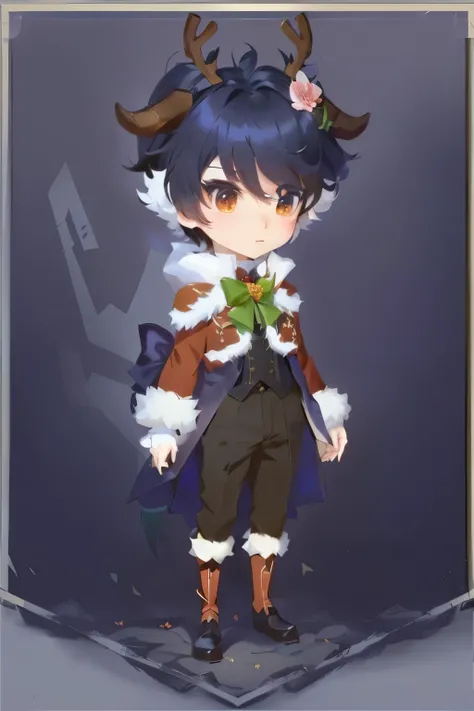 anime character with reindeer horns and a bow holding a flower, style of maple story, lunar themed attire, full body picture, fantasy outfit, dapper dream demon, short antlers, full body with costume, maplestory mouse, character art of maple story, cute ch...