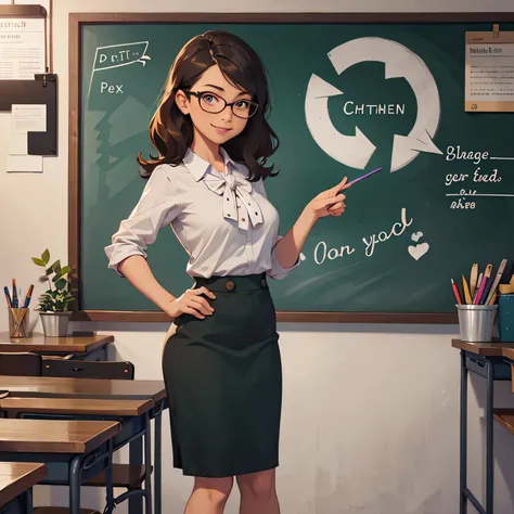 Female teacher standing next to the chalkboard, wearing glasses and a neat blouse, pointing to the blackboard with one hand, holding a piece of chalk or a pointer, smiling confidently, explaining with enthusiasm.
