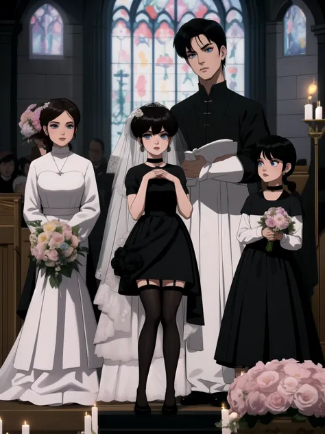 Ranma Saotome. black hair. Blue eyes. black lips. pigtail. choker. black eyeliner. (((flower wedding dress))),(((black skirt))),(((stockings))),standing straight, church. The altar