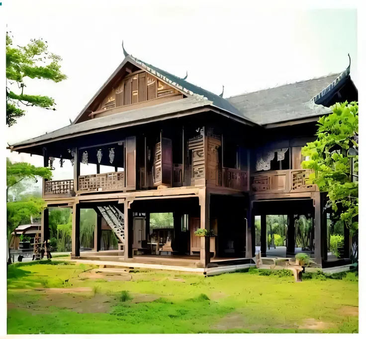 arafed wooden house with a porch and a balcony, peaceful wooden mansion, thai architecture, wooden house, old house, wonderful masterpiece, patiphan sottiwilaiphong, in style of thawan duchanee, luxurious wooden cottage, wooden cottage, traditional, wooden...