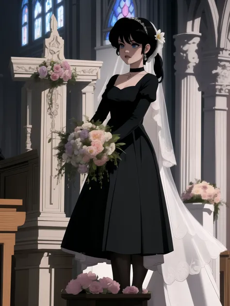 Ranma Saotome. black hair. Blue eyes. black lips. pigtail. choker. black eyeliner. (((flower wedding dress))),(((black skirt))),(((stockings))),standing straight, church. The altar