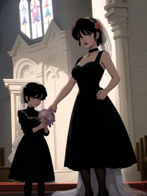 Ranma Saotome. black hair. Blue eyes. black lips. pigtail. choker. black eyeliner. (((flower wedding dress))),(((black skirt))),(((stockings))),standing straight, church. The altar