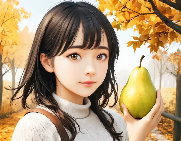 (best quality, 8k, high resolution:1.2), 1girl, pear, autumn, upper body