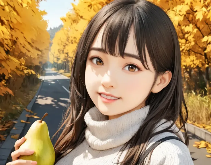 (best quality, 8k, high resolution:1.2), 1girl, pear, autumn, upper body