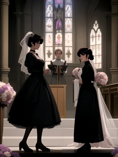 Ranma Saotome. black hair. Blue eyes. black lips. pigtail. choker. black eyeliner. (((flower wedding dress))),(((black skirt))),(((stockings))),standing straight, church. The altar