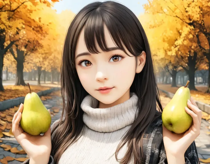 (best quality, 8k, high resolution:1.2), 1girl, pear, autumn, upper body