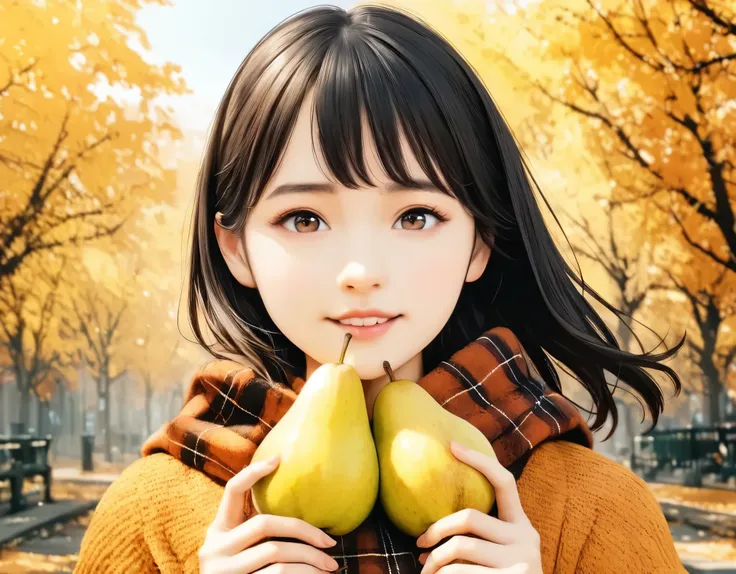 (best quality, 8k, high resolution:1.2), 1girl, pear, autumn, upper body