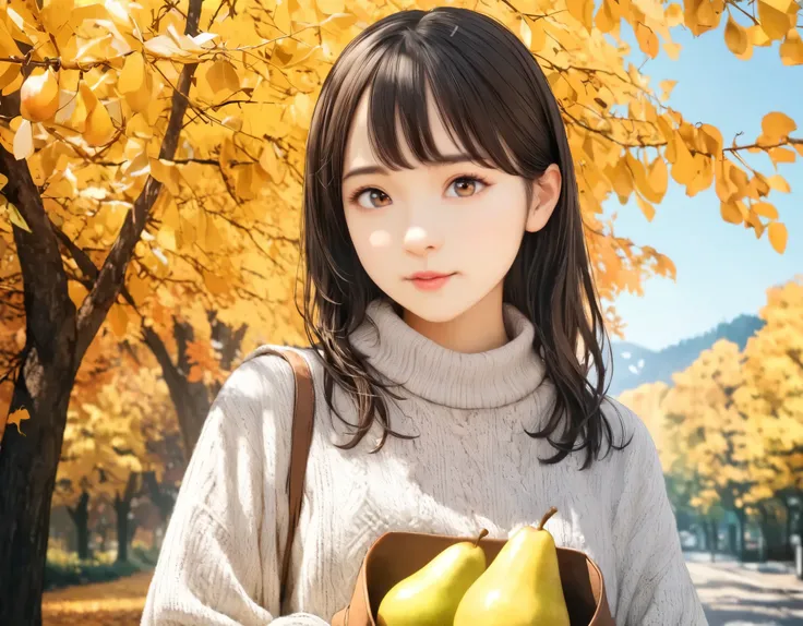 (best quality, 8k, high resolution:1.2), 1girl, pear, autumn, upper body