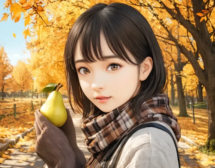 (best quality, 8k, high resolution:1.2), 1girl, pear, autumn, upper body