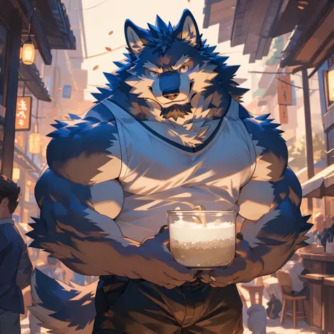 human nature, cannon, male, Solitary, ((Round Face, The face is plump, Thick beard)), ((Endomorph, Handsome)), (Modern shirt), ((domestic grey wolf, wolf) Fluffy fur, Fluffy, Muscular body, Black Tank top, Shorts, smirking), (In the milk tea shop), Bokeh, ...