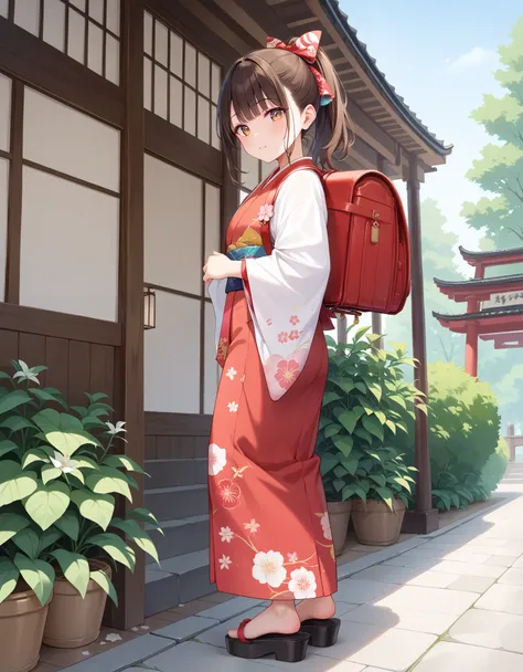 Masterpiecd, hd, Best Quality, High resolution, looking at viewer, 1girl, brown hair, ponytail, hair ornaments, hair ribbon, wearing randoseru backpack, red backpack , Wearing a Japanese kimono at a summer festival at a shrine, (kimono:1.1), outdoor, stand...