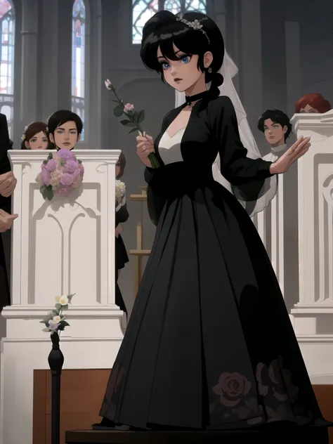 Ranma Saotome. black hair. Blue eyes. black lips. pigtail. choker. black eyeliner. (((flower wedding dress))),(((black skirt))),(((stockings))),standing straight, church. The altar