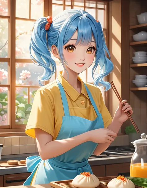  long light blue hair 、Beautiful girl with twin tails、smile、Yellow apron、 A bright kitchen with sunlight shining in 、 There are lots of flowers by the window 、 They are making steamed pork buns 、 dynamic and charming pose  ,   soft sunlight pouring through...