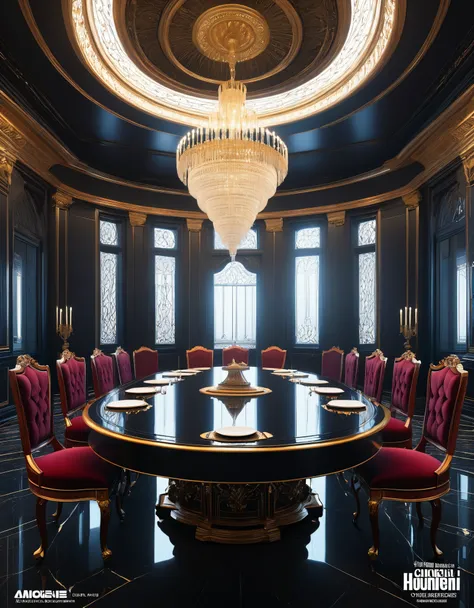 tables and chairs、there is a dining room with a chandelier., cgsociety 9, futuristic persian palace, cgsociety unreal engine, re...