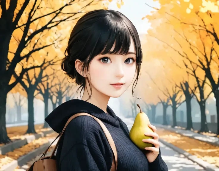 (best quality, 8k, high resolution:1.2), 1girl, pear, autumn, upper body