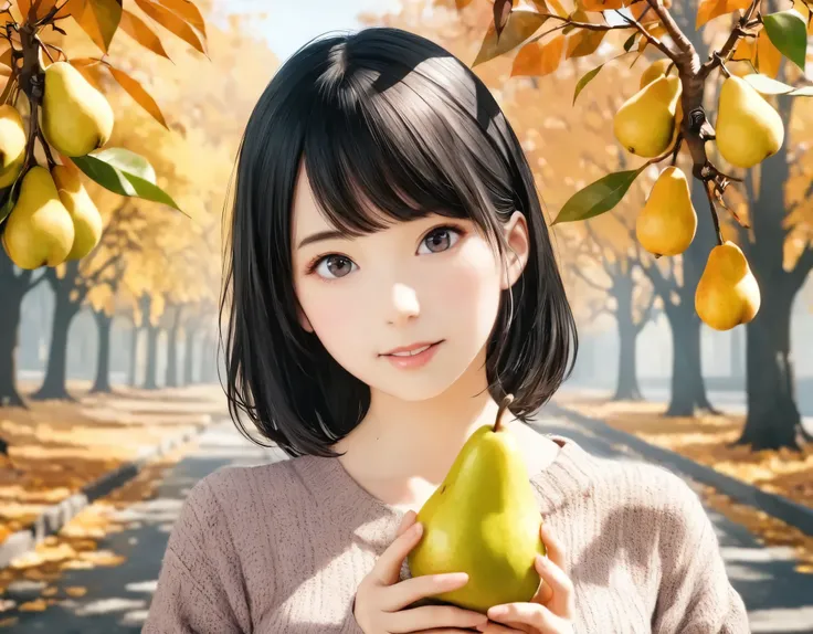 (best quality, 8k, high resolution:1.2), 1girl, pear, autumn, upper body