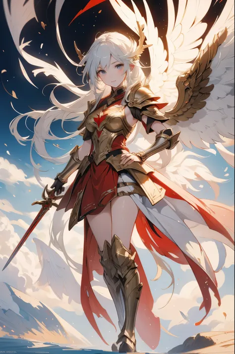 abstract anime oil painting of a female valkyre, with bronze armour and white and red wings, holding a sword in each hand, full body illustration, gorgeous anime angel girl