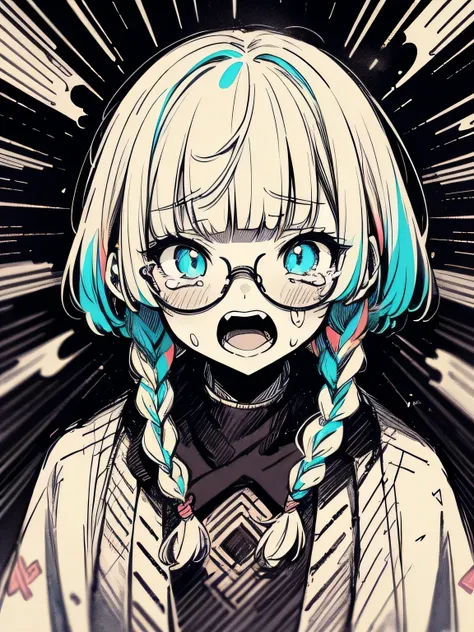 from above,,solo, upperbody, white short braids hair, blunt bangs,white glasses,( inhaling miasma:1.3), ominous, geometric patterns, suction, tears, (open mouth), black magician cloth, winding rays, trails of light,(colorful image:1.2),(manga style),(sketc...