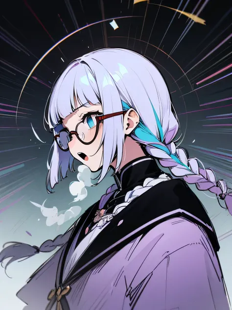 sideview,solo, upperbody, white single braid hair, blunt bangs,white glasses,( inhaling miasma:1.3), ominous, geometric patterns, suction, tears, (open mouth), black magician cloth, winding rays, trails of light,(colorful image:1.2),(manga style),(sketch),...