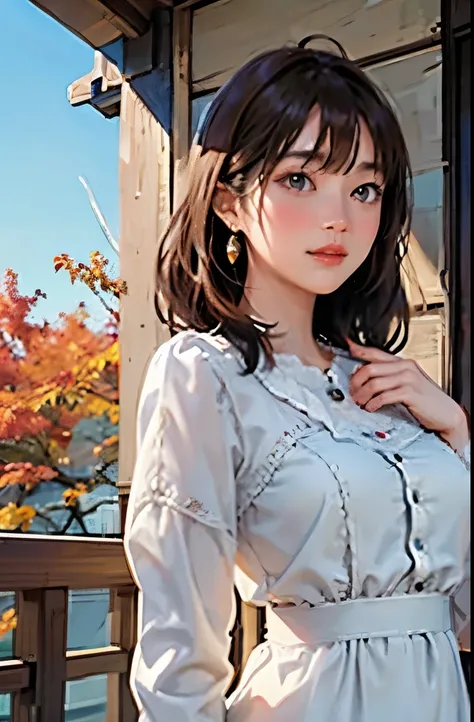 (  best quality, 8k,   High Resolution  , masterpiece:1.2), One Girl,Large Breasts,   Light Chestnut Medium Hair  ,   pretty brown eyes, Red lips, Detailed face,    earrings, necklace, (Autumn outfit,   Loose Fit White and Blue Dress Long Sleeves ),  outdo...