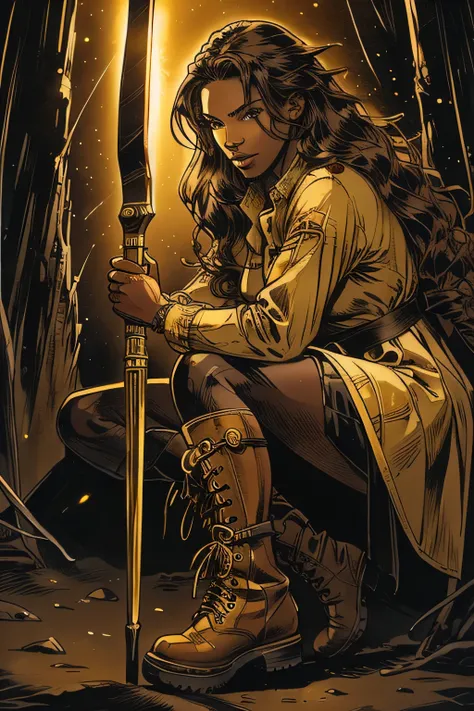 Illustration, Woman with brown skin,  long wavy brown hair , mature women, yellow eyes,  adventurer outfit with combat boots with details, holding a bow in her hands , dark atmosphere , Highly detailed,