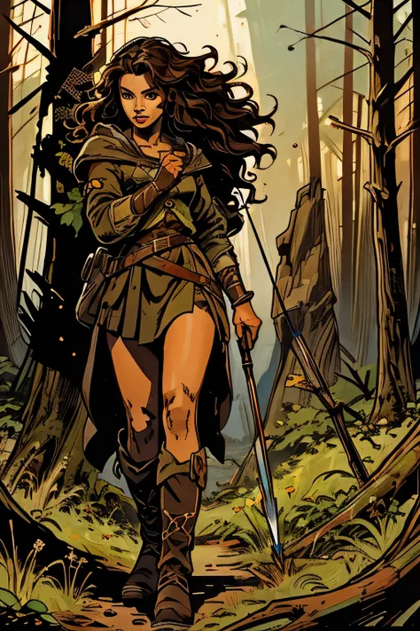 a girl,  wavy brown hair black eyes, brown skin, combat boots, adventurous clothing, medieval theme, forest in the background,  bow and arrow in your hands , a fox next to ,  Better quality,  masterpiece
