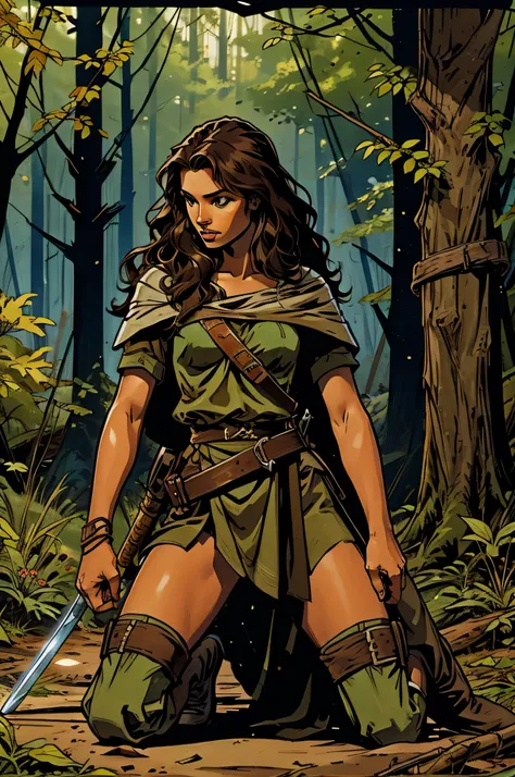 a crossbow and a sword on the floor of a forest with a girl with brown skin and long wavy brown hair
