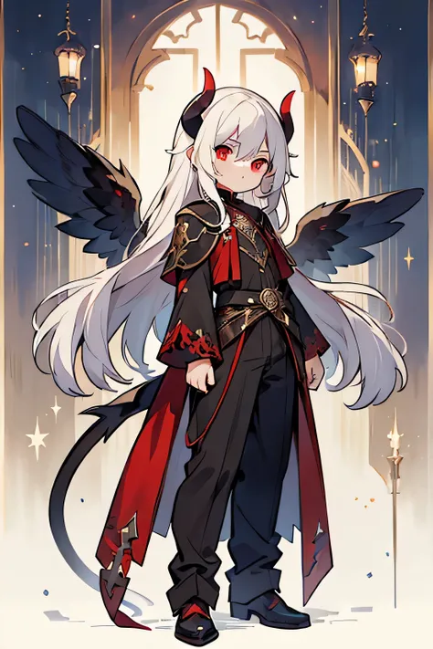 (((boy, male))), demon boy, seven years old, 115 cm heigth, , long white hair,waist length hair,red eyes, demon tail, a pair of open angel wings, black elegant fantasy clothes, cute, full body, pixiv, masterpiece
