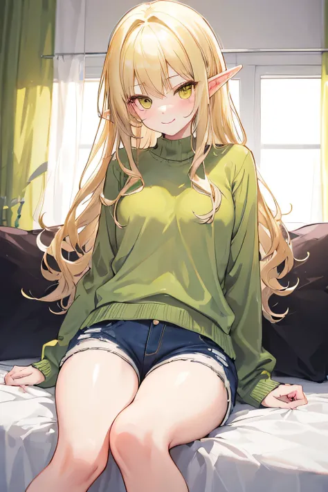 elf girl, blonde hair, long hair, grayish yellow eyes, fair skin, wearing a green sweater, ripped shorts jeans,  long white thigh-high socks, sitting on the edge of the bed, shy smile, light blush, cute, short stature, warm colors, relaxed pose, looking at...