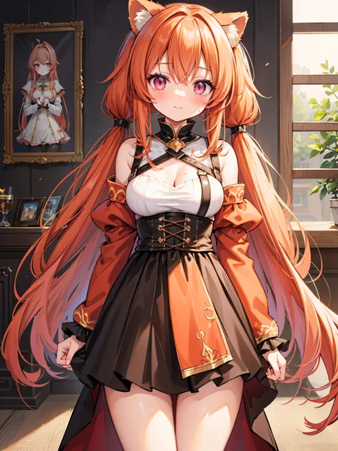 Highly detailed, high quality, masterpiece, beautiful, (all photo shooting), girl student, Raphtalia from rising of the shield, perfect eyes, pink eyes, clear eyes, blushing face, happy face, big thighs, medium breast, long hair, orange hair, with pigtails...