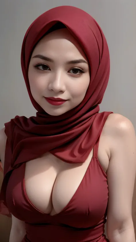 a portrait of a blonde girl with red hijab and red shirt, cleavage , sfw