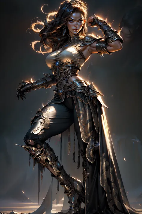 (Masterpiece, highest quality, Best Quality, Beautiful and aesthetic:1.2), (1girl in:1.4), full body, muscular and powerful woman, detailed armor with Chinese influences, (lots of metal in the clothes:1.4), large breasts, generous neckline, metal gloves, b...