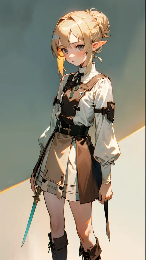 (masterpiece, best quality )detailed, 1Character ,  pastel washed out colors , cell shade , soft, muted shades ,gentle colors , blue archive art style

Battle:
Wearing a mix of sword art online clothes , white blouse with full sleves quarter length, brown ...