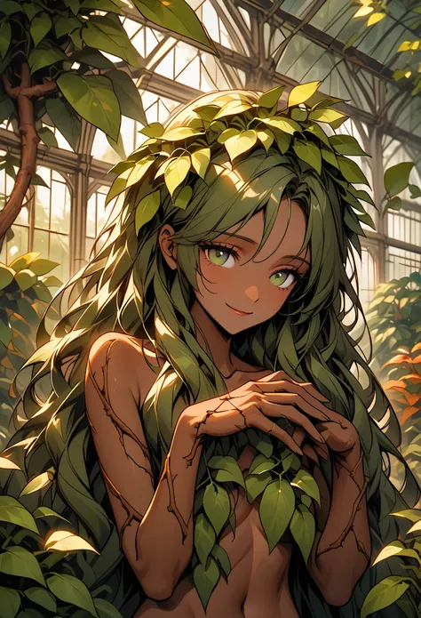 solo, female, close up, manor, warm light, greenhouse, victorian era, nude, convenient censoring, long hair, hair made from leaves, brown-green hair, leaf clothes, huge terracota plant pot, tree-like hands, tree bark, curvaceous, gentle smile, flowers, coy...