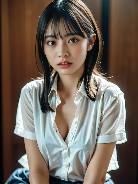 Three beautiful young female gravure idols are taking pictures wearing 、  and white shirts,  shortcuts,  very detailed,  beautiful eyes, Perfect Skin, Detailed face,  slim figure, Graceful pose, Realistic, photoRealistic, 8k, Advanced Details, Studio Light...