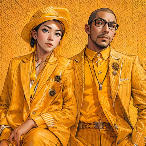  imagine an MBTI entertainer 、 a man and woman in a yellow suit looking cool at the camera with a serious face。Create a stylish atmosphere 。