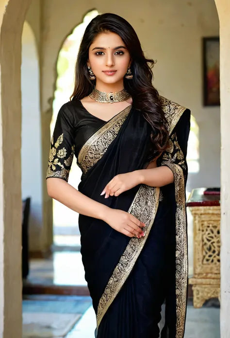 Pakistani cute girl wearing black saree, High Resolution, Masterpiece, Best Quality, High Details, HD, Quality, Textured Skin, 