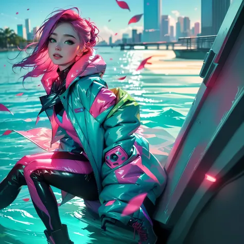 A close up of a person wearing a jacket and boots in the water,  vibrant cartoons  , vibrant pastel rossdraws,  In the style of Ross Tran , inspired by Yanjun Cheng, Cyberpunk style color, inspired by Ross Tran,   colorful cyberpunk dreamy colors , cyberpu...