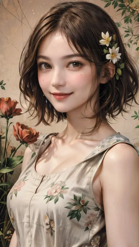 308 (20-year-old woman), ( super real), (High image quality), (( short hair)), (A kind smile), (Busty:1.2), (Da Vinci ), (Floral) 