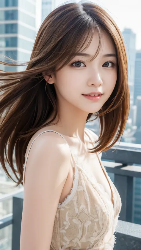 highest quality、genuine、Super detailed、finely、High resolution、8k wallpaper、one beautiful japanese woman Walking  Under the skyscraper、light brown hair、sharp focus、perfect dynamic composition、beautiful and detailed eyes、thin hair、Detailed genuine skin textu...