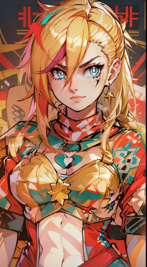 young girl, longue blonde hair, Hairpin with a bundle, turquoise eyes, Yakuza tattoos, red tight uniform, Sleeveless, Wide neckline on the chest to the abdomen, Gold Elements, Red gold armor, Shorts, claws, smirk, Masterpiece, hiquality, 4k, HD, Good detai...