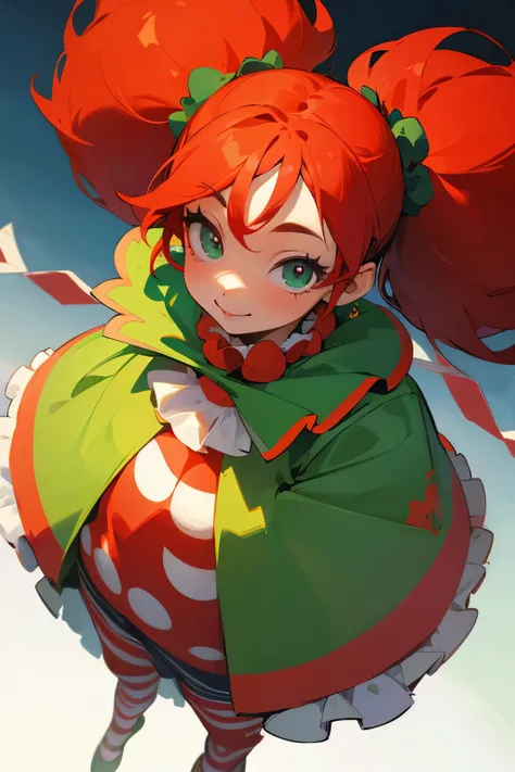  1 girl, Best Quality, green and red hair , Clown clothes,The background is a circus tent, twin tails,  illustration where they are five tall and show off their ,Top view