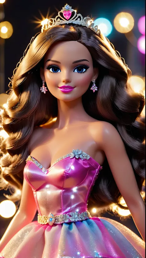 muñeca barbie desfilando en pasarela, luces en la pasarela, iluminación de frente iluminando su hermoso rostro sonriente, luces de flash, muñecas mirando el desfile, UHD, retina, masterpiece, accurate, anatomically correct, textured skin, super detail, hig...