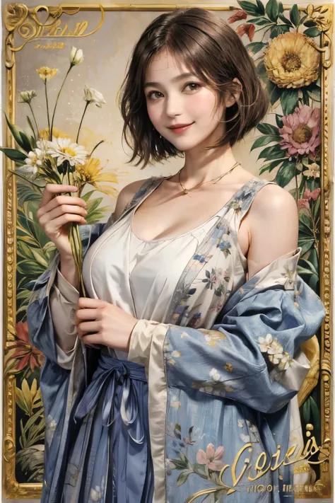 308 (20-year-old woman), ( スーパーリアル), ( High image quality ), (( short hair)), (A kind smile), (Big Breasts:1.2), (Da Vinci ), (Floral) 