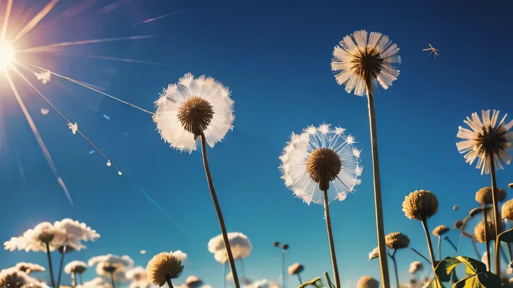 Dandelion fluff in the blue sky