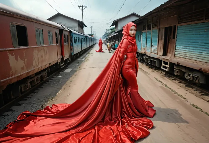 A woman shrouded in a 9-meter-long, plush red satin cloth, tightly bound and grandly draping along the form of her body, flowing off into a pooled floor-length train, styled in a mermaid-inspired outfit, her head modestly veiled in a satin hijab, 175 heigh...