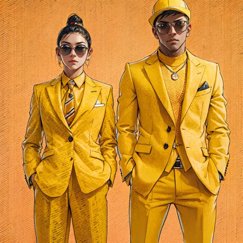  imagine an MBTI entertainer 、 a man and woman in a yellow suit looking cool at the camera with a serious face。Create a stylish atmosphere 。