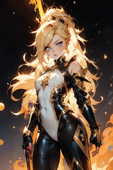 girl, blonde,ultra messy hair, multicolored bangs, braids, long ponytail, angelical forniture, celestial guardian, purple and pink theme, cute pose, long celestial boots, yoga pants, iron shoulders, short breastplate, fingerless gloves, gold gauntlets, ult...